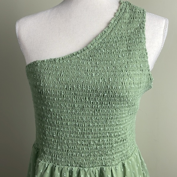 Zattcas One shoulder Sage Green Maxi Dress Smocked top Swiss Dot skirt Size L - Picture 6 of 9